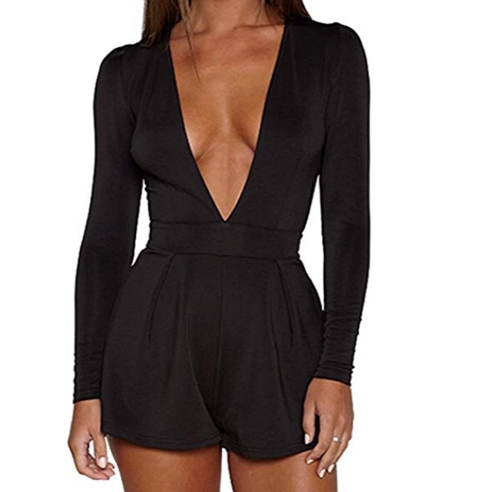 Very low cut sexy black romper